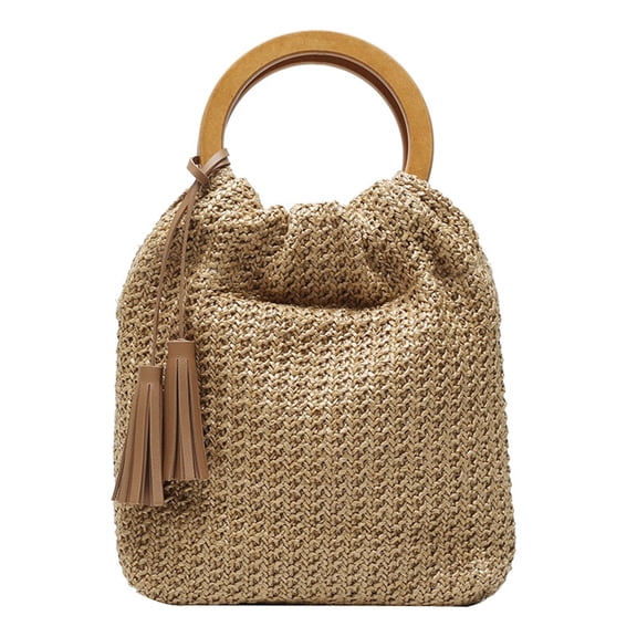 Narrster Women's Fashion Straw Woven Round Bag with Wooden Handle, Shoulder Beach Tote Purse for