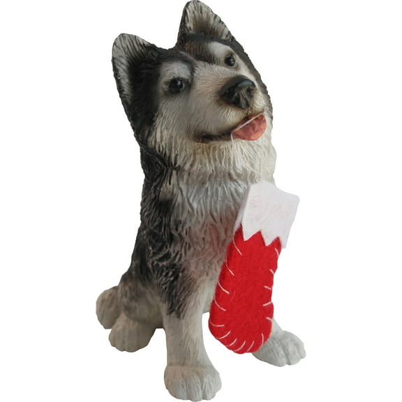 Sandicast XSO07602 Siberian Husky With Red Stocking Christmas Ornament Sculpture