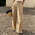 thumbnail image 2 of Womens Linen Lace Trim Pants Summer Boho Elastic Waist Wide Leg Palazzo Pants Flowy Pull on Vacation Beach Pants, 2XL, 2 of 5