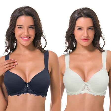 

Curve Muse Women s Lightly Padded Underwire Lace Bra with Padded Shoulder Straps-2PK-BLACK IRIS CREAM-34D