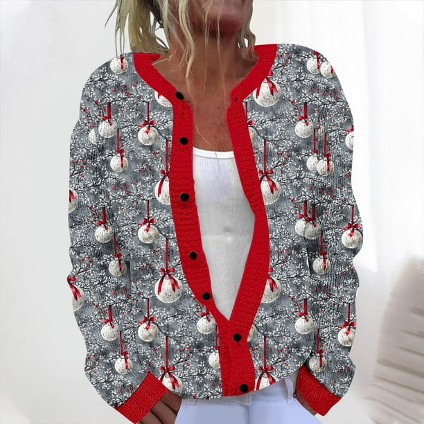 Cárdigan informal de punto con estampado navideño para mujer, chaqueta con botones y abrigo para mujer