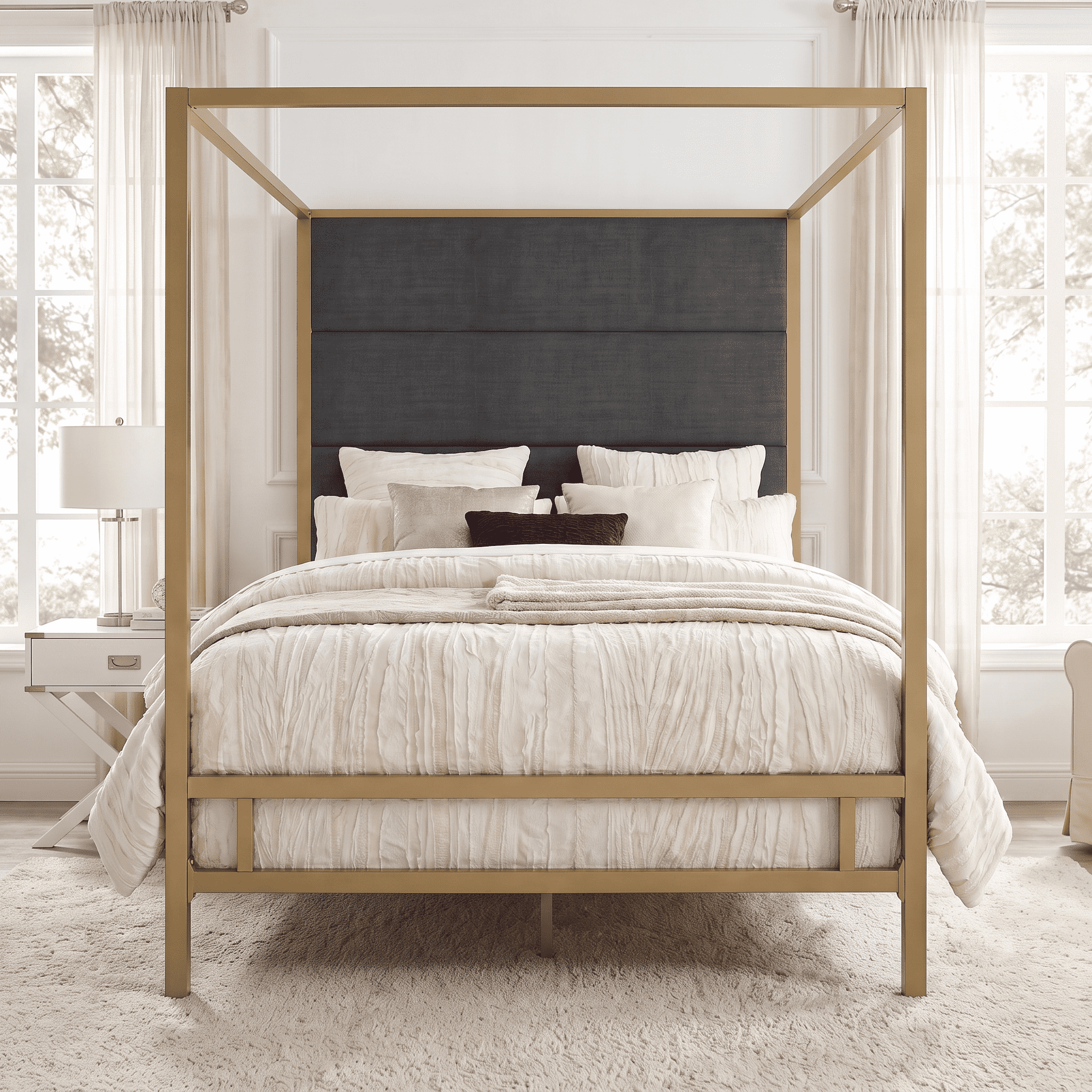 Euroco Metal Queen Size Canopy Bed with Linen Fabric Upholstered Headboard, 4-Poster Platform Bed, No Box Spring Needed, Gold