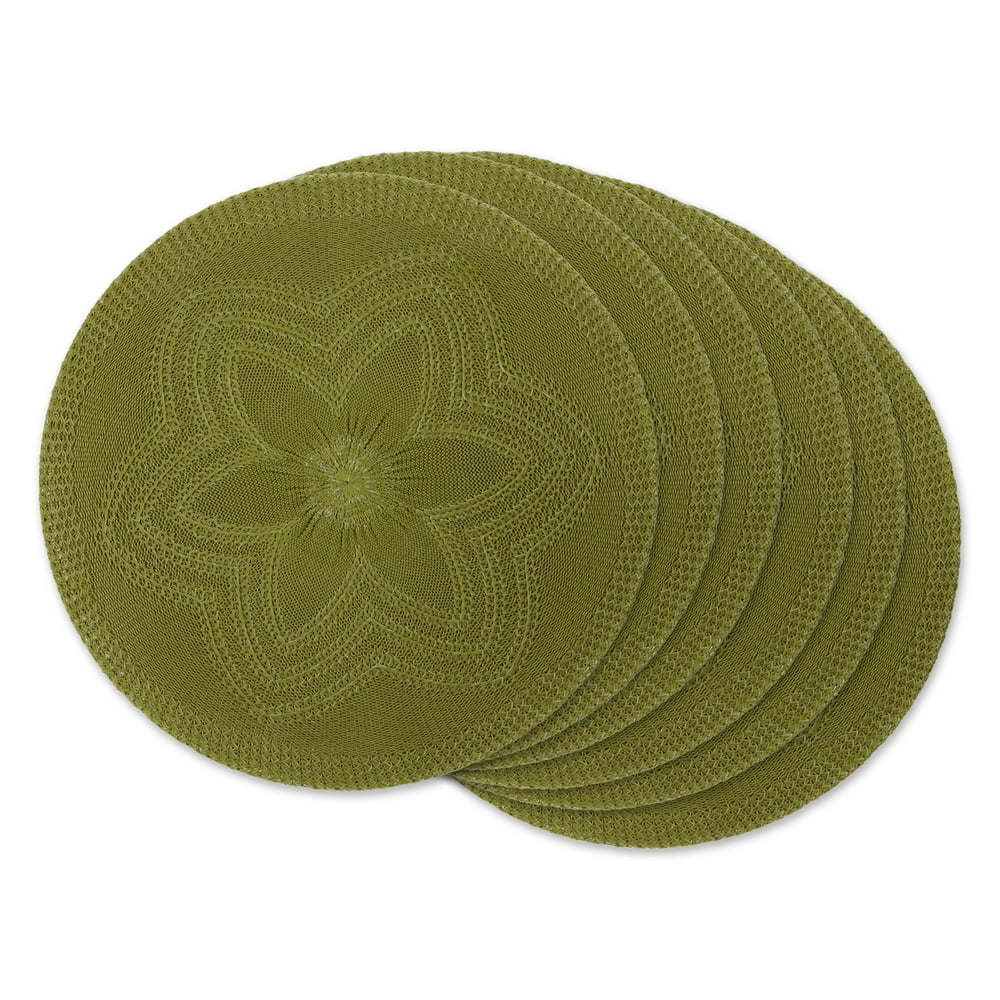 Set of 6 Green Decorative Woven Round Placemats, 15"