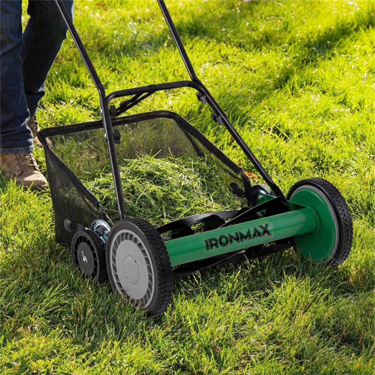 18 Inch 5 Blade Push Reel Lawn Mower with Grass Catcher Green