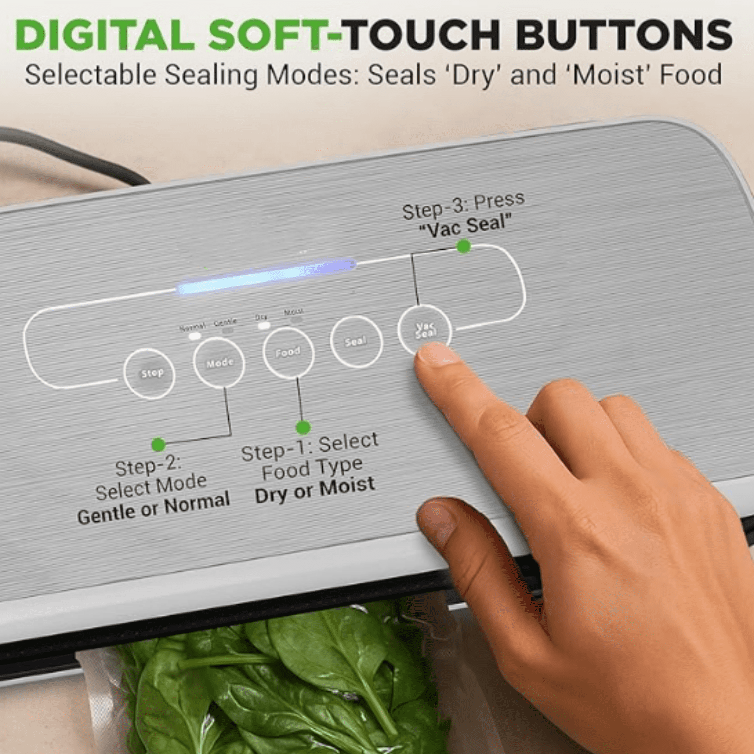 Food Vacuum Sealer Machine - Automatic Air Sealing System for Dry & Moist Foods, LED Touch Controls, Includes Vacuum Bags, Hose & Wine Stopper, High Suction Power, 14"x6"x3", Silver