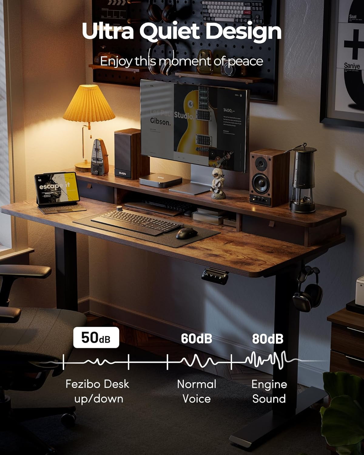 FEZIBO 40 x 24 Inch Height Adjustable Electric Standing Desk with Double Drawer, Computer Desk, Home Office Stand Up Table with 4 Height-Adjustable Feets & 2 Hooks, Rustic Brown