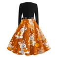 thumbnail image 4 of LWavelet Women's Long Sleeve Fit-and-Flare Dress, Cute Cartoon Bunny Print with Satin Bow Belt for Casual & Easter Outfits Saffron M, 4 of 4