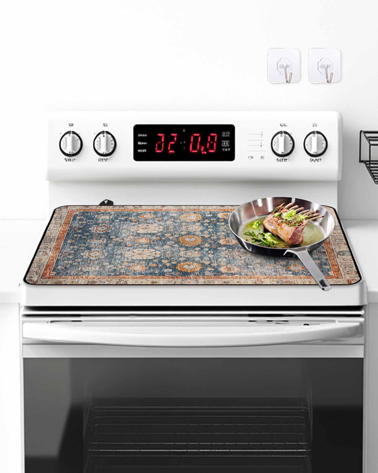 Stove Top Covers for Electric Stove, Blue Beige Vintage Glass Stovetop Cover Protector, Modern Geometric Abstract Art Ethnic Induction Cooktop Protector Oven Mat for Kitchen Countertop 24"x21"