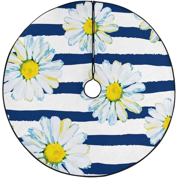 FMSHPON Watercolor Daisies Striped Xmas Christmas Tree Skirt Stand Mat for Holiday Party Decoration Indoor Outdoor 48 inches