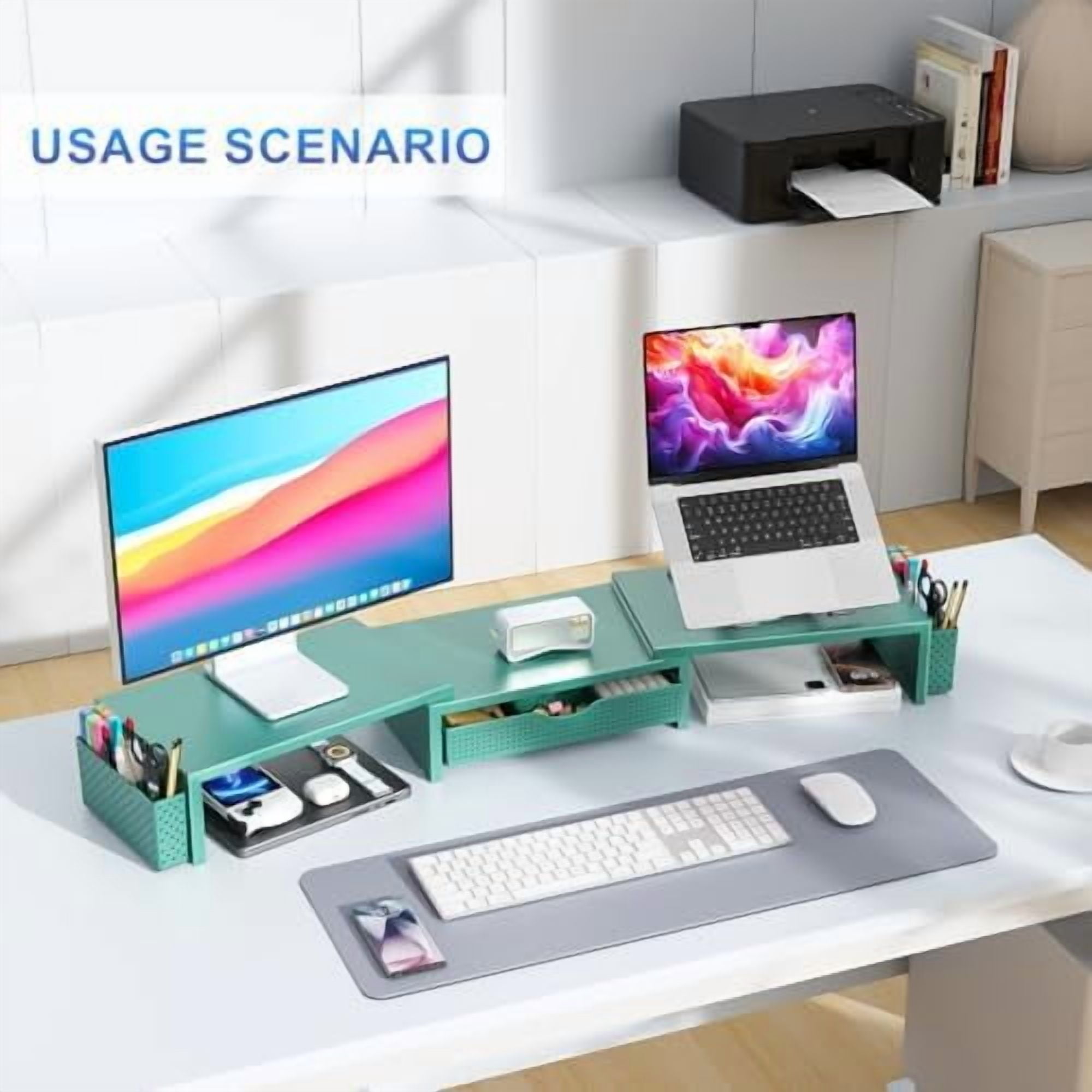 Dual Monitor Stand Riser, Desk Organizer With Drawer and 2 Pen Holders, Monitor Stand for Desk, Office Decor Essentials (Green)