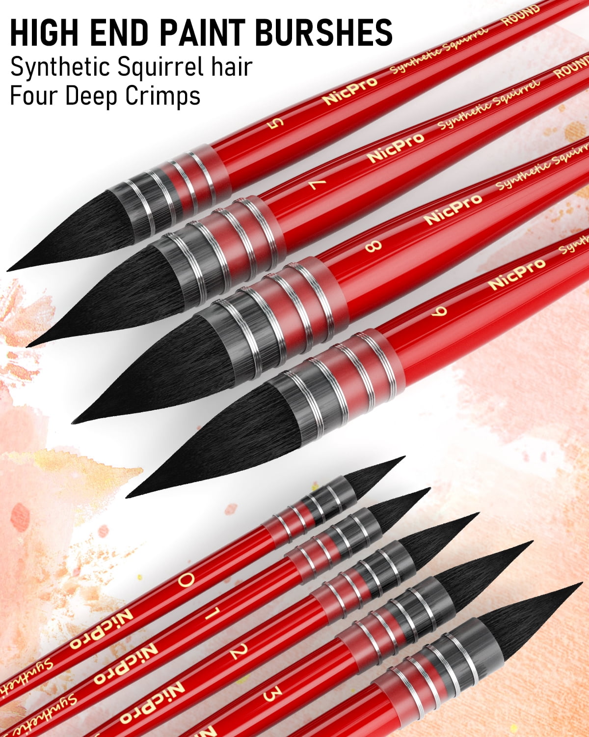 Nicpro Professional Watercolor Paint Brushes with Nylon Bag, 9PCS Mop Round Fine Tip Detail Paintbrush, Synthetic Squirrel Hair, Art Supplies Watercolor Set for Painting, Gouache, Oil - Red