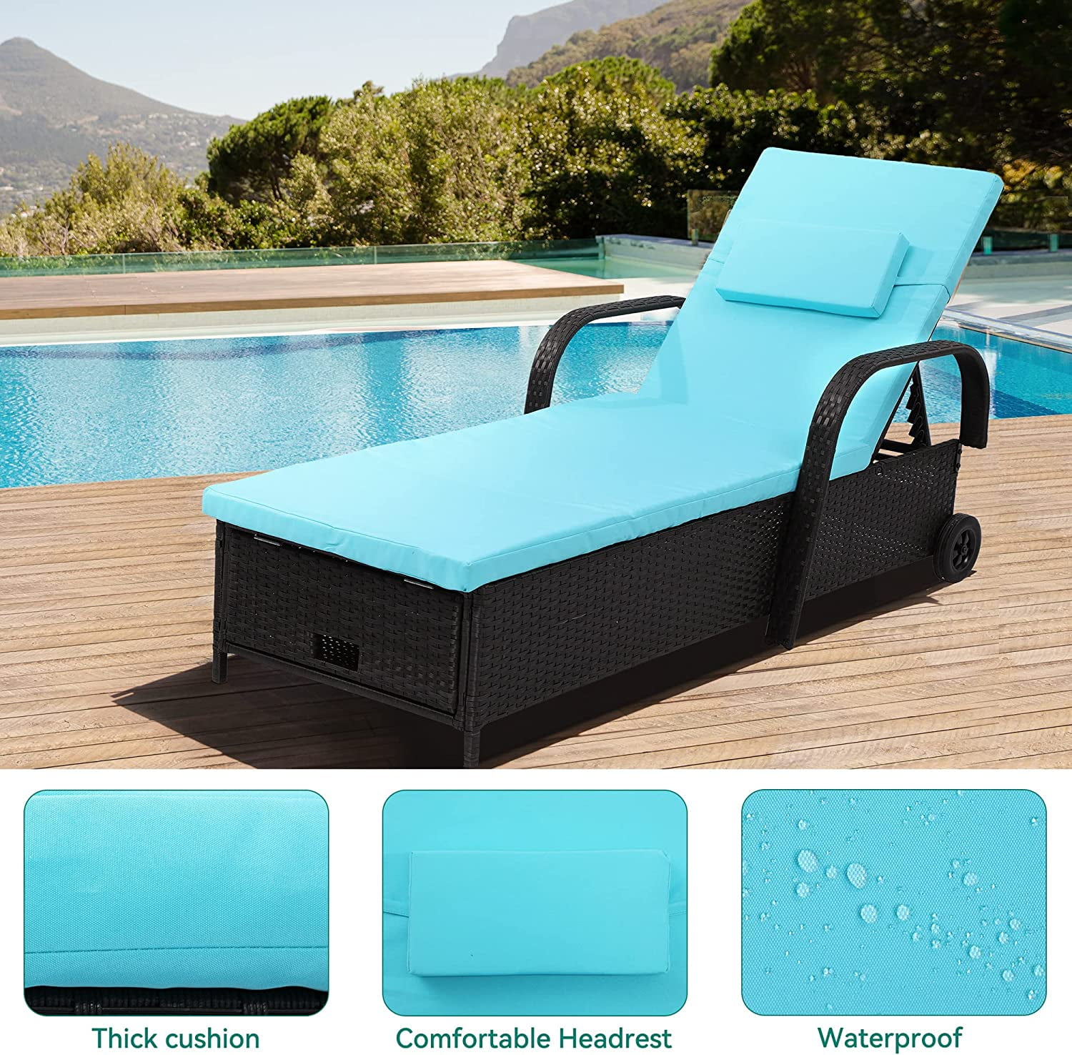 Dextrus Outdoor Chaise Lounge Storage Chair, Rattan Wicker Patio Pool Lounger with Adjustable Backrest, Arm, Cushion, Pillow and Wheel for Poolside Backyard Porch Garden Beach