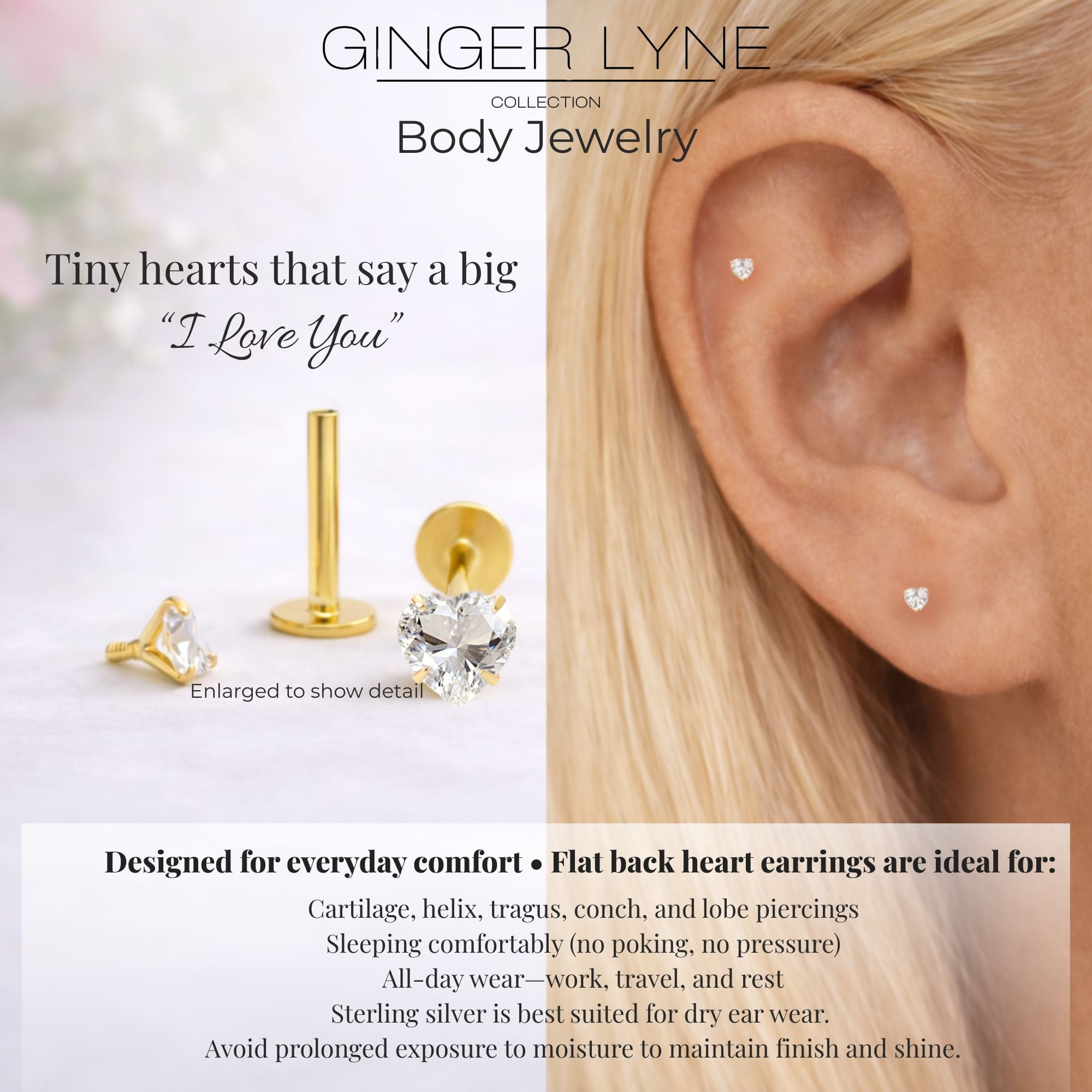 Ginger Lyne Solitaire Heart Flat Back Stud Earrings Sterling Silver Cubic Zirconia Body Jewelry