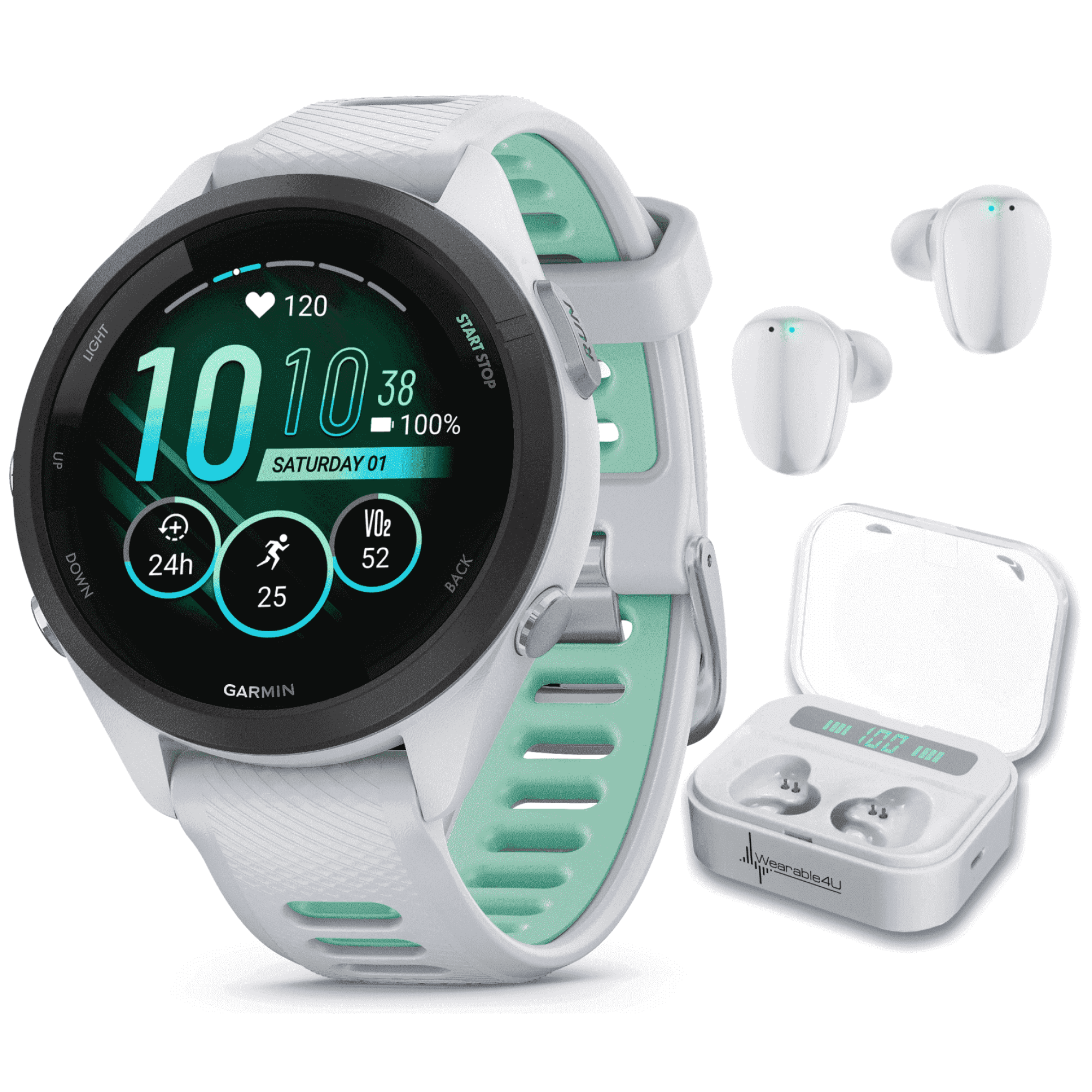 Garmin Forerunner 265S Music GPS Running Smartwatch, Whitestone with AMOLED 1.1in Touchscreen Display with Wearable4U White EarBuds Bundle