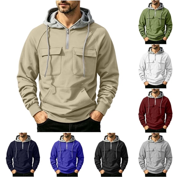 Sweatshirts for Men Hooded Quarter Zip Loose Pullover Winter Casual Patchwork Long Sleeve Sweatshirt with Pockets Daily Casual Athletic Wear