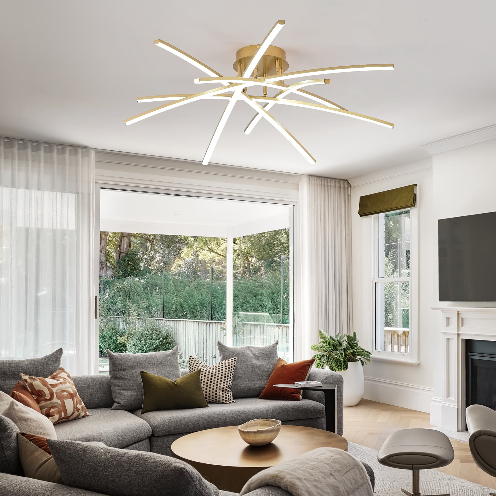 Gold LED Chandelier Semi Flush Mount Ceiling Light, 65W Remote Control Ceiling Lighting Fixture for Living Room Dining Room Kitchen Bedroom 32.8” Close to Ceiling Light Dimmable 3000K-6000K