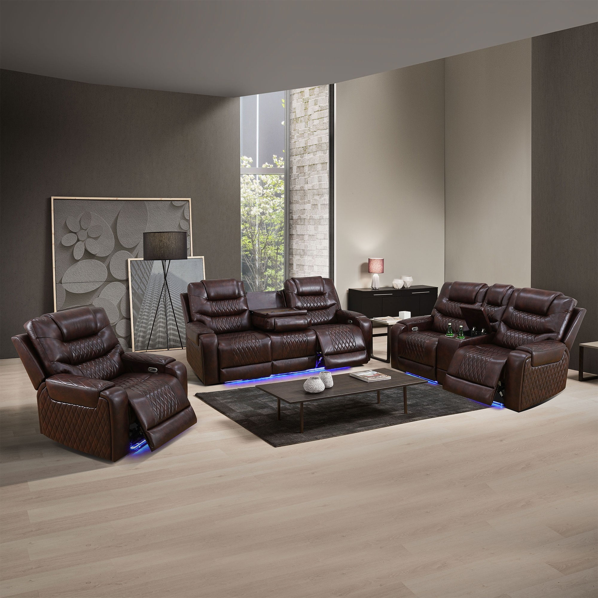 Gewnee Air Leather Power Recliner Sectional , Loverseat and Sofa Couch with LED, USB Port&Cup Holder for Living Room