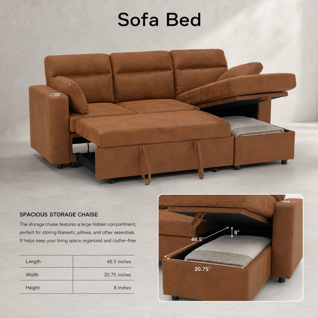 Leumius 82.5" Sectional Sofa with Pull-Out Bed,L-Shaped Sofa with Storage Chaise, Cup Holders and 2 Pillows,Light Brown