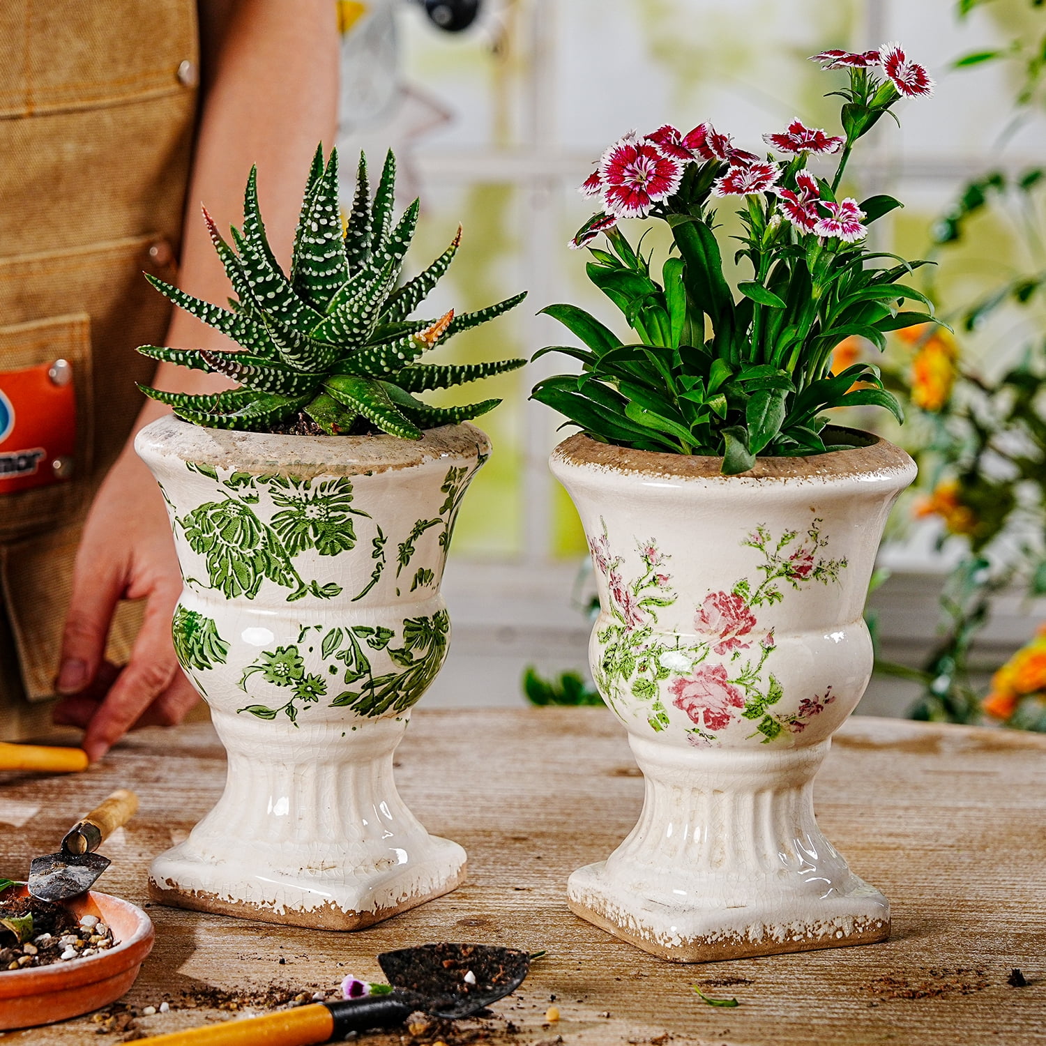 Sungmor Small Ceramic Urn Planter - Green Scroll Floral Pedestal Flower Pot, Decorative Vintage Chinoiserie Style Planters, Tuscan Accent Vase Indoor Outdoor Plant Holder with Drainage
