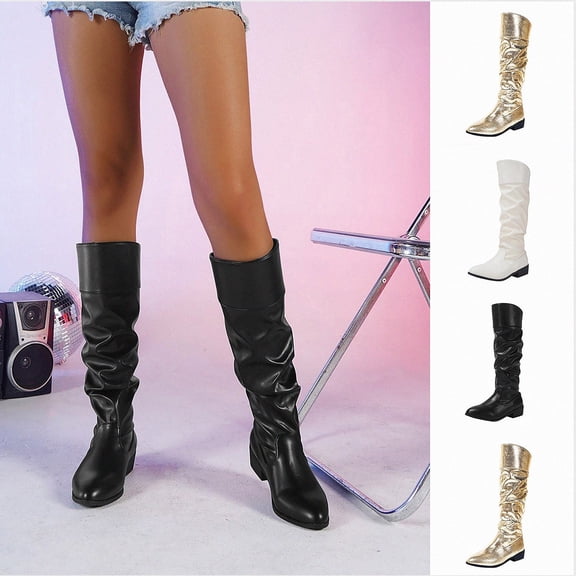 WAVSUF Women's Slouch Mid Calf Boots Wide Width Anti Slip Pointed Toe Fall Daily Plus Size Boots Black 6