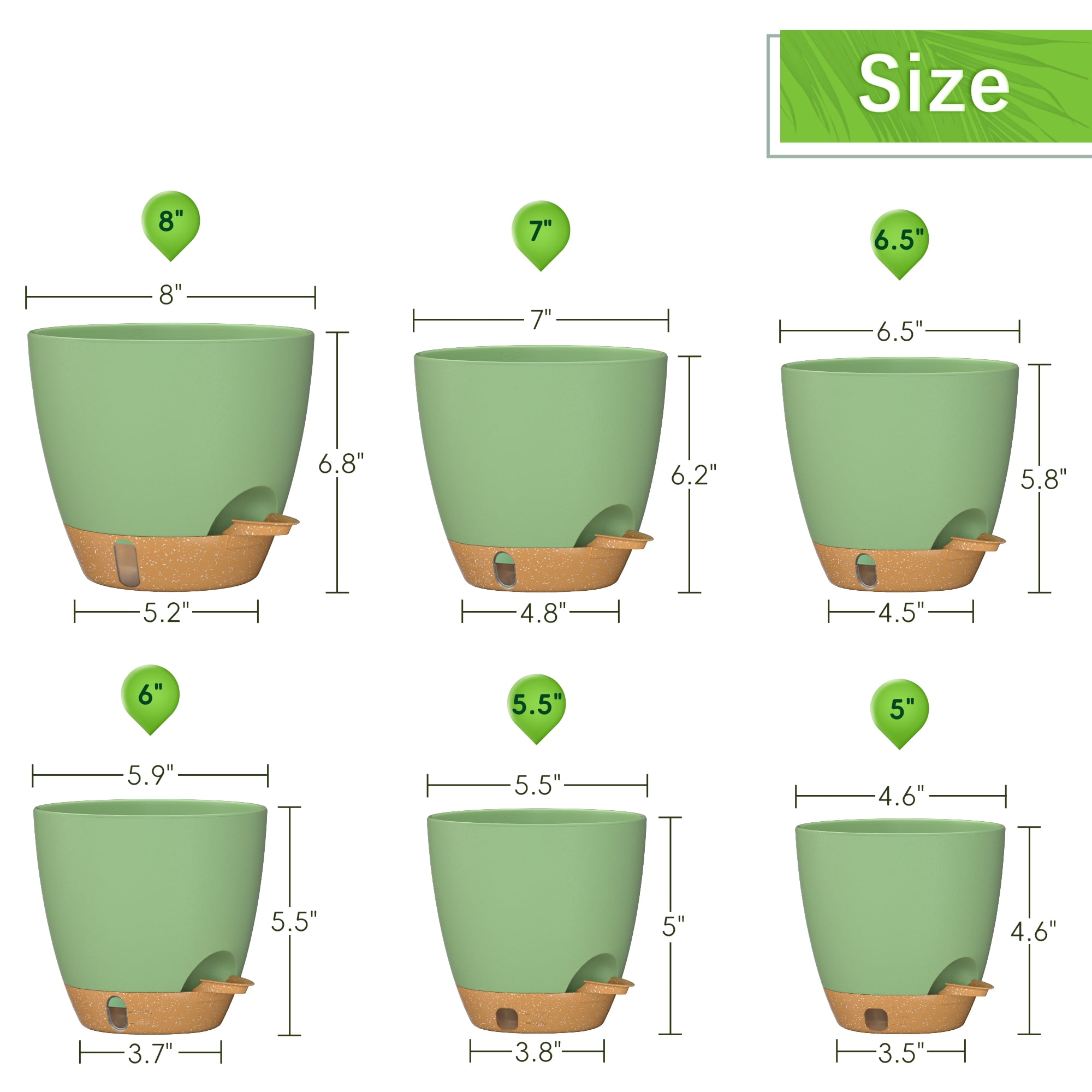 FIASON 6 Pack Plastic 5/5.5/6/6.5/7/8 Inch Green with Brown Self Watering Plant Pots,Include Watering Lip,Drainage Holes & Removable Saucer for Indoor Outdoor Garden House Plants