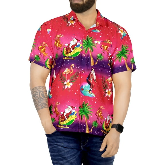HAPPY BAY Men's Beach Button Down Funky Santa Claus Party Dress Shirt Vacation Ugly Christmas Tree Hawaiian Gifts shirts for Men XS Santa Surf, Pink