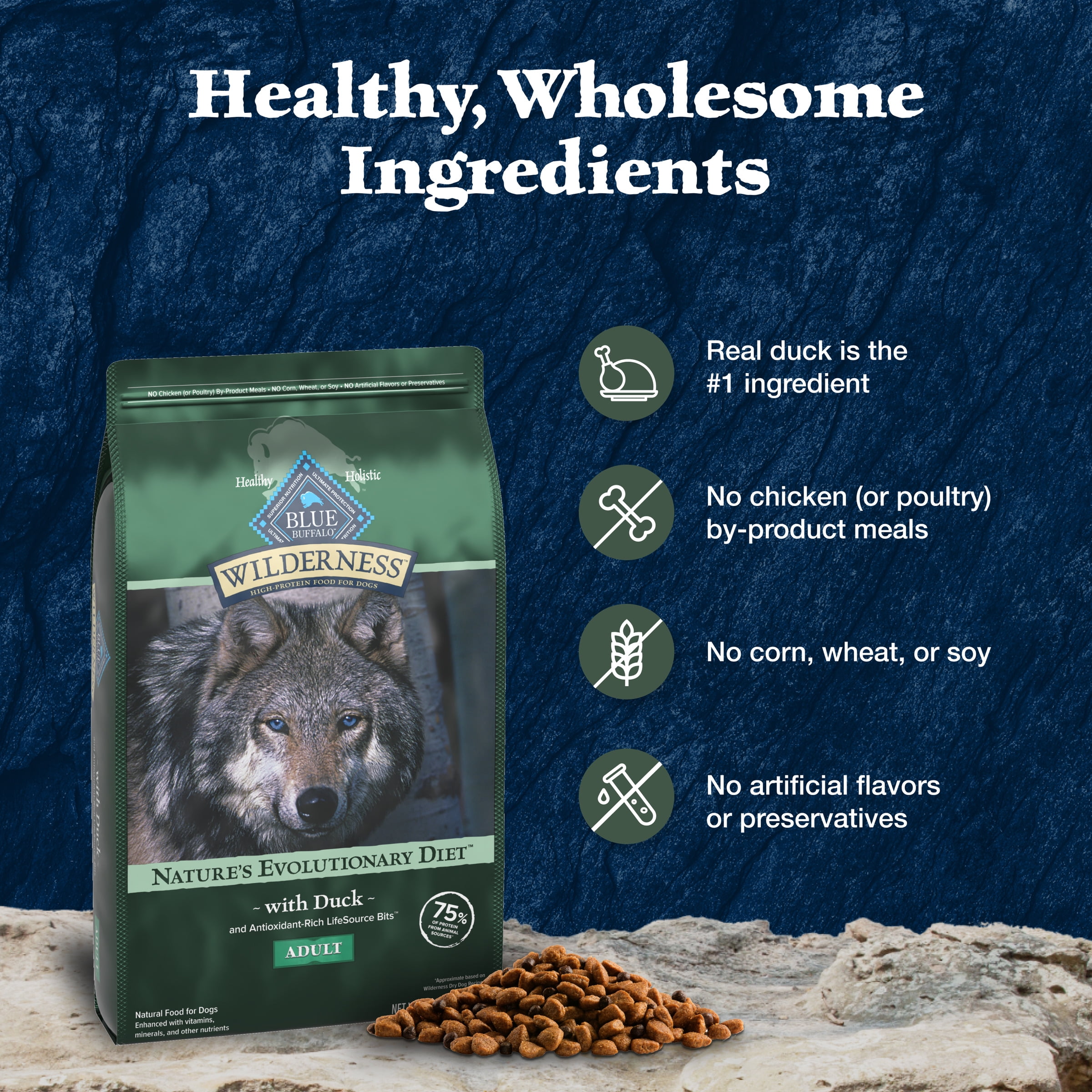 Blue Buffalo Wilderness Natural High-Protein Dry Food for Adult Dogs, Duck, 28-lb bag.