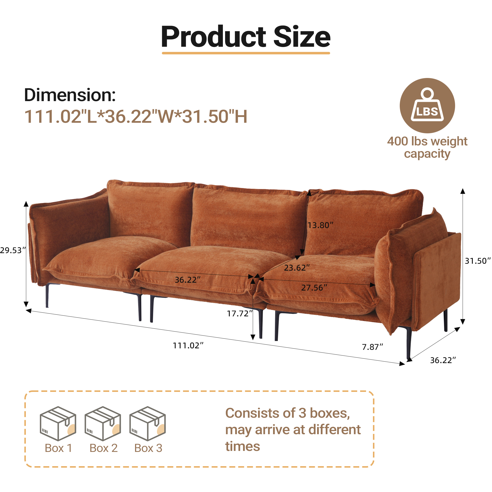 Magic Home Sectional Sofa with High Sofa Legs L-Shaped Couch Sofa Velvet Orange Couches 3 Seat Sofa U-shaped Sectional Couch, Living Room Furniture Set for Home Apartment Office Studio