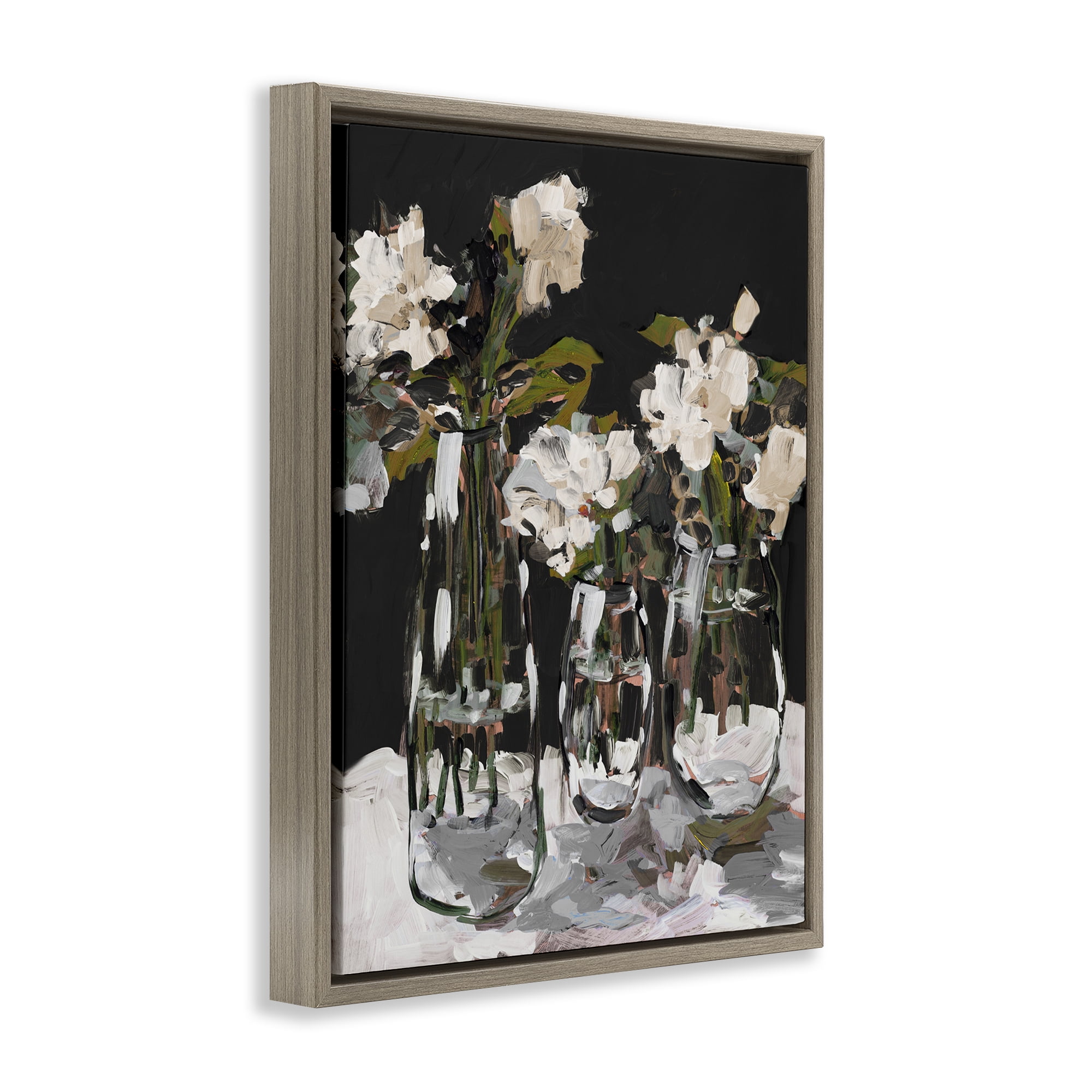 Stupell Industries Three Flower Vases on Black Brown Framed Floater Canvas Wall Art, design by Jane Slivka