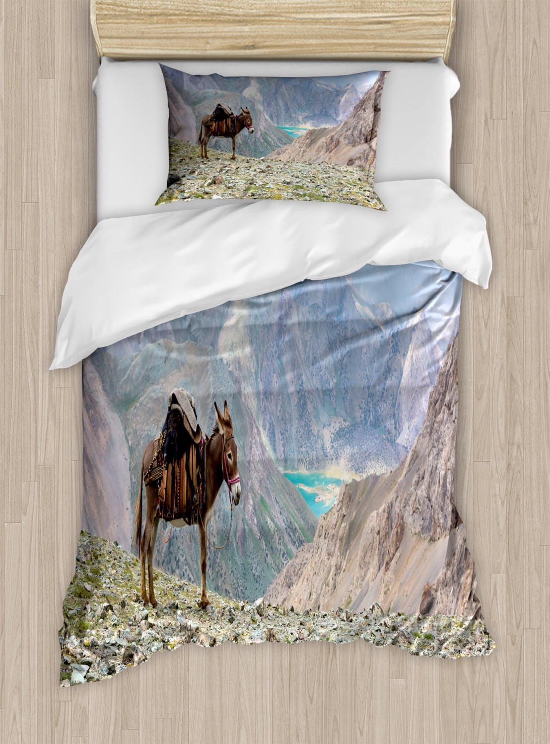 Donkey Duvet Cover Set Twin Size, Animal with Traditional Harness