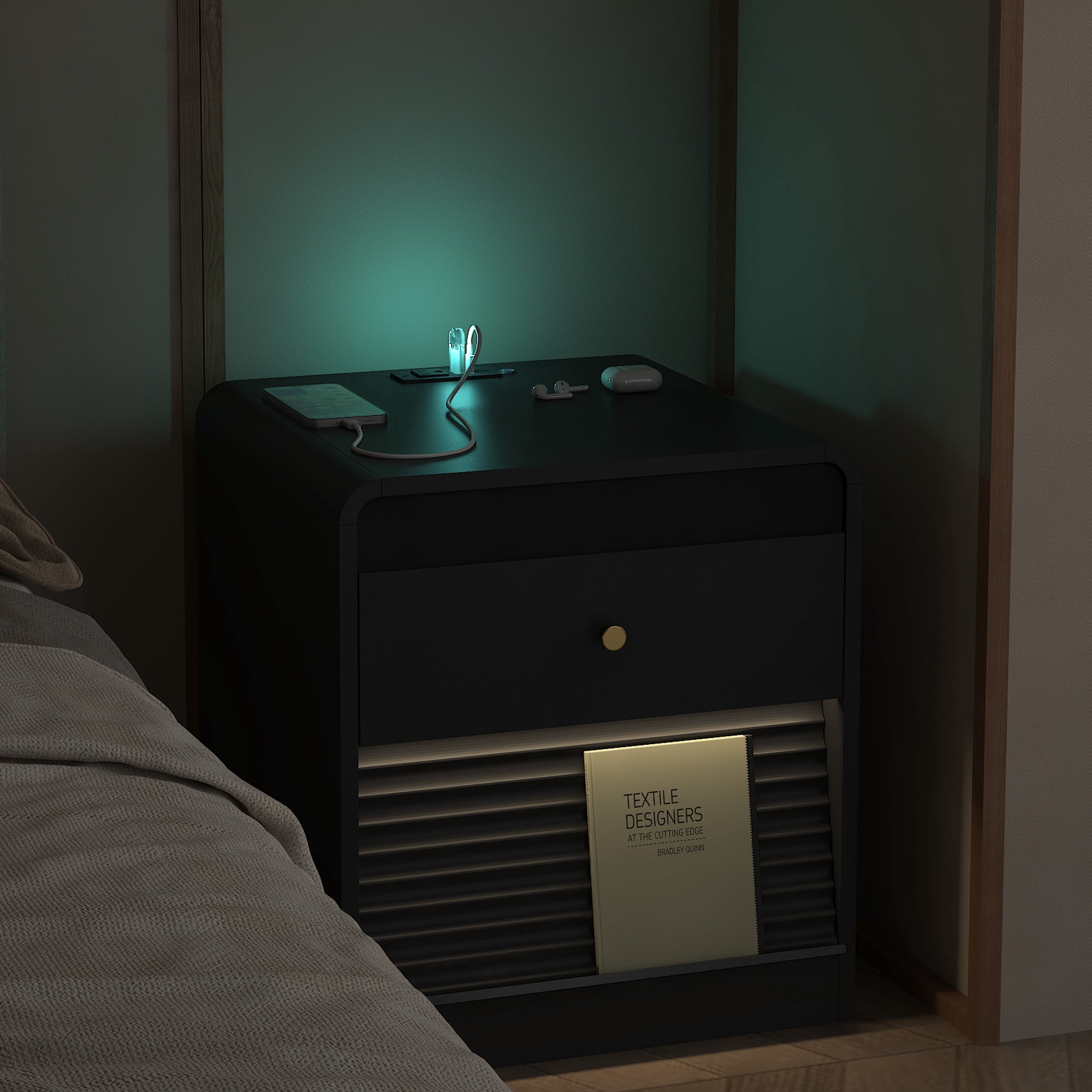 Aukfa Smart Nightstand with Charging Station, Side Table with Voice-Controlled 7-Color LED Light, Modern Bedside Table for Bedroom,Black