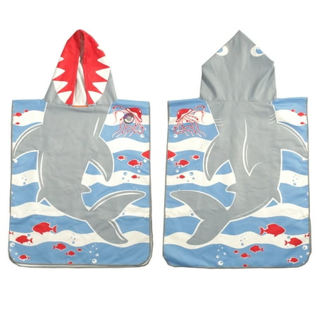 MinxNY Kids Hooded Microfiber Poncho Beach Towel Cover-up with UV Sensor - Shark