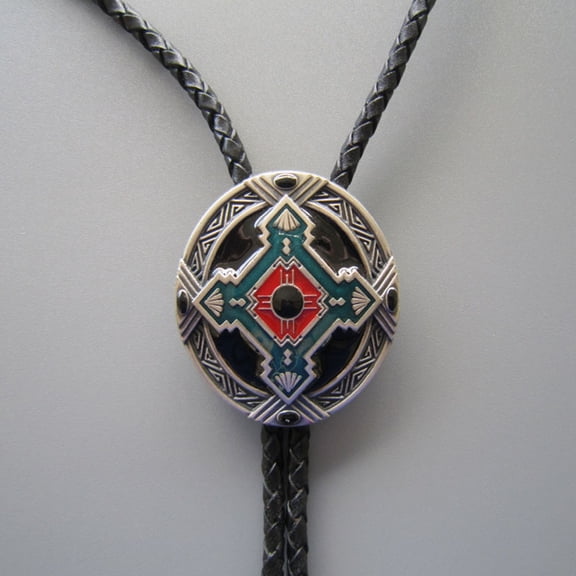 Vintage Silver Plated Enamel Cross Knot Oval Southwest Wedding Bolo Tie