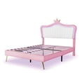 thumbnail image 6 of Queen Size Bed Frame with LED Lights,Modern Upholstered Princess Bed Frame with Crown Headboard Princess for Girls,81.1"x64.2"x55.1",Pink, 6 of 8