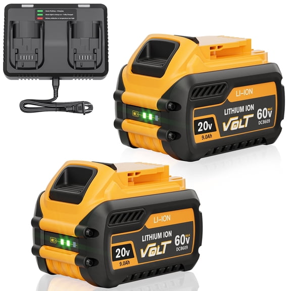 2 Pack 20v/60v 9Ah DCB606-2 DCB609-2 Battery for Dewalt 20v 60v Max 9Ah DCB609 6Ah DCB606 Flexvolt Battery 20V Max XR 8Ah DCB208-2 6Ah DCB206-2 5Ah DCB205-2 4Ah  Lithium-ion Battery with 1 Charger
