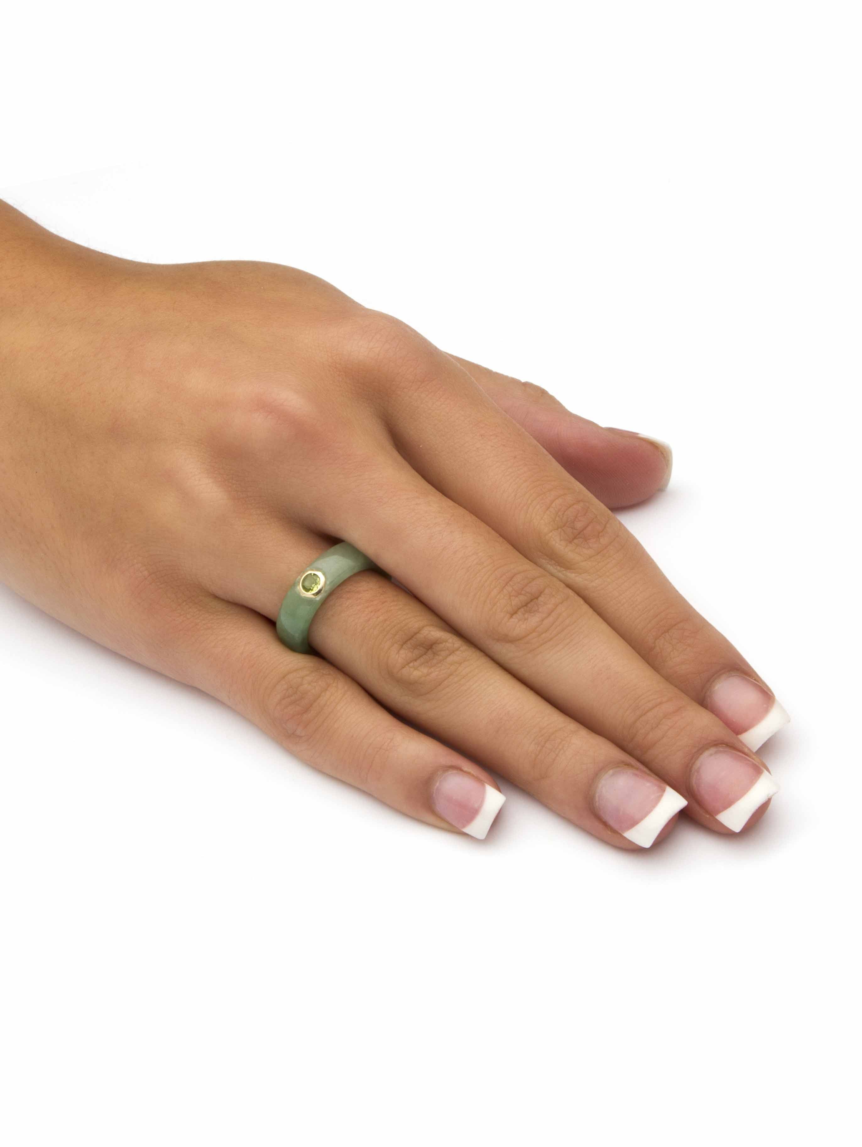 PalmBeach Jewelry Genuine Black or Red or Green Jade with White Topaz or Red Garnet or Green Peridot Accen 10k Yellow Gold Band Ring