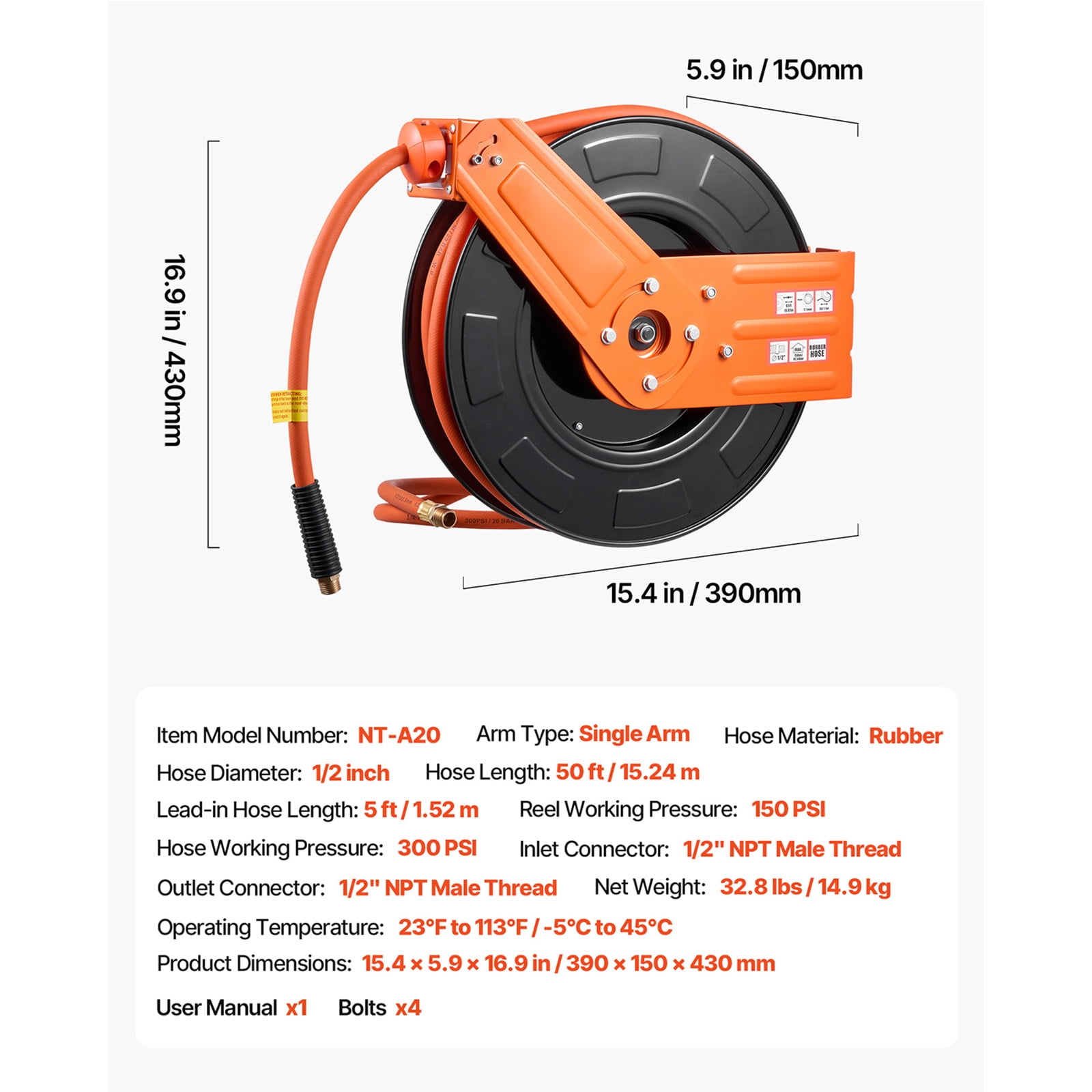 KFFKFF Retractable Air Hose Reel, 1/2 Inch x 50 FT Rubber Hose, 300 PSI Max, Auto Rewind with 5 ft Lead-In, Wall or Ceiling Mount for Garage and Workshop Use