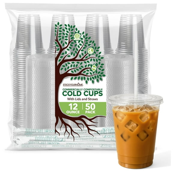 Stock Your Home 12 oz Clear Commercially Compostable Cups with Lids and Straws (Set of 50) Plant Based Cold Cups, Eco Party Cup, Environmentally Friendly Recyclable Disposable Sustainable