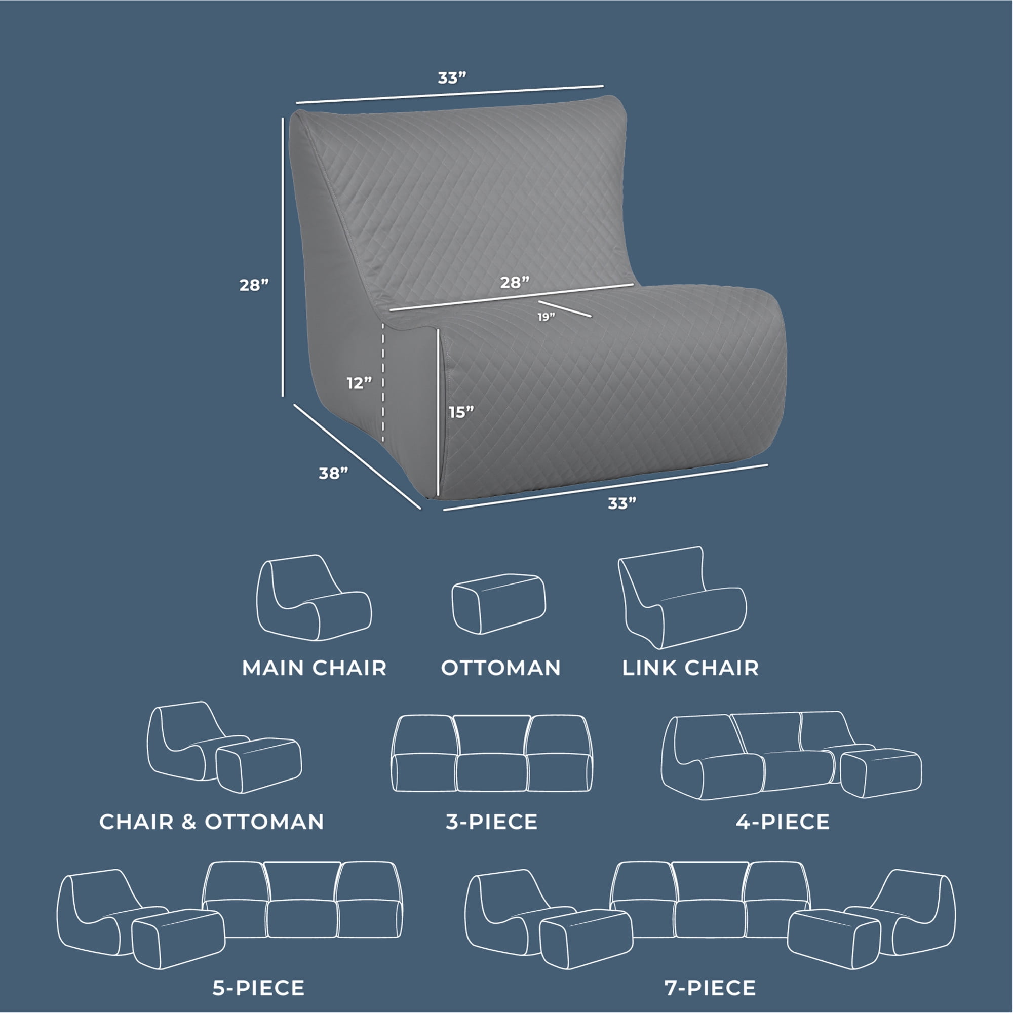 Big Joe Solvana Lounge Chair, Outdoor Weather-Resistant Cool Touch Silicone Stitched Leather, Link Chair, Moonlit Gray