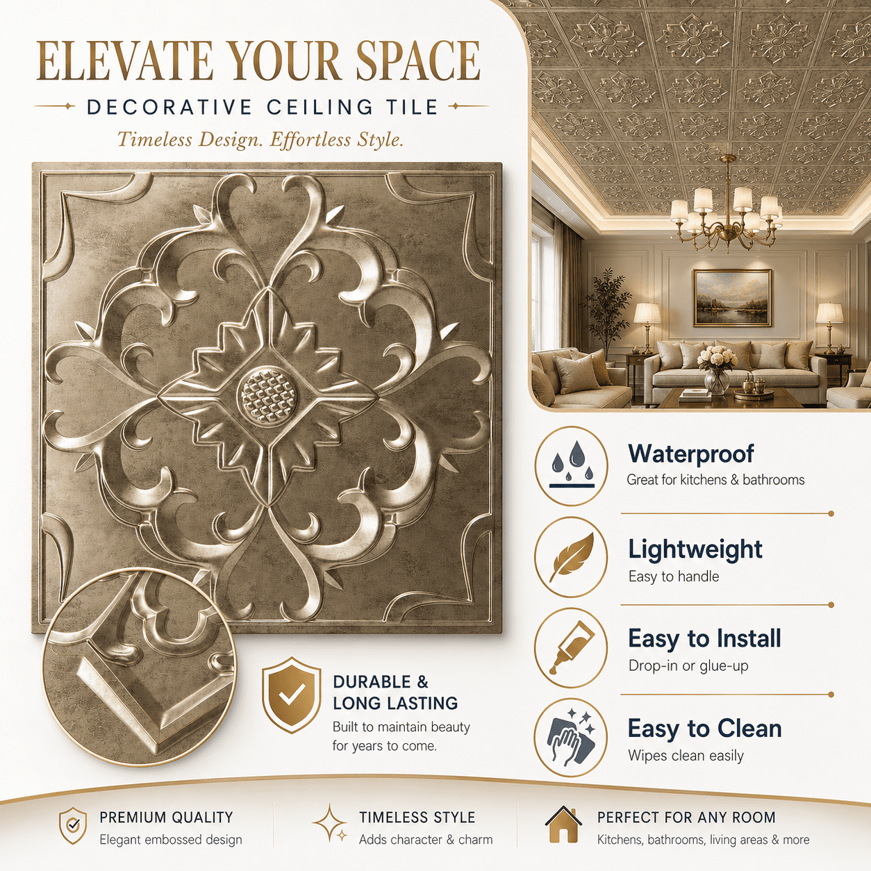 Yeslife 12-Pack 2 ft x 2 ft PVC Drop Ceiling Tiles, Vintage 3D Embossed Decorative Panels, Waterproof, Glue-up, Antique Gold, 48 sq ft