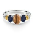 thumbnail image 2 of Gem Stone King 925 Sterling Silver and 10K Yellow Gold Oval Brown Tiger Eye Blue Sapphire and White Diamond 3 Stone Ring for Women (2.39 Cttw, Gemstone Birthstone, Size 5), 2 of 3