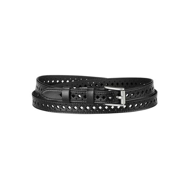 CINTURÓN DE CUERO DELGADO PARA MUJERES INSPIRADOR CHIC, CINTURONES DE CINTURA DELGADOS CON AGUJEROS PARA JEANS Y VESTIDOS, ANCHO DE 0.7 PULGADAS, NEGRO, TALLA ÚNICA