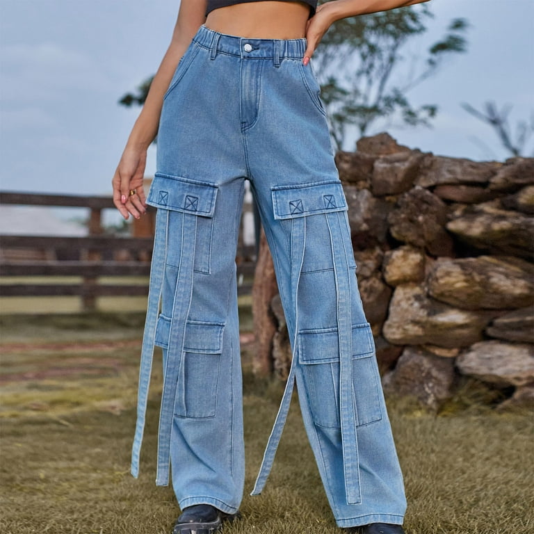 XFLWAM Womens Cargo Jeans High Waisted Wide Leg Baggy Denim Cargo Pants  Flap Pocket Y2K Streetwear Casual Trousers Blue M 