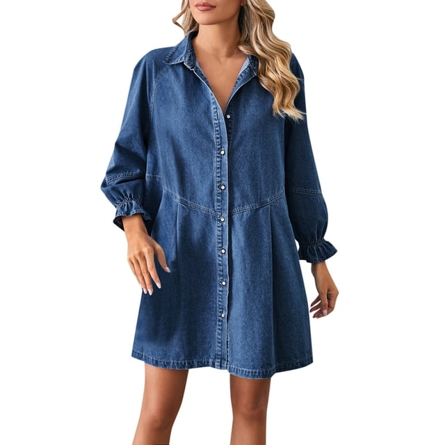 Women's Loose Buttoned Denim Dress - Solid Color, Washed Patchwork, Mid-Length, Lapel Collar - S-XL Sizes