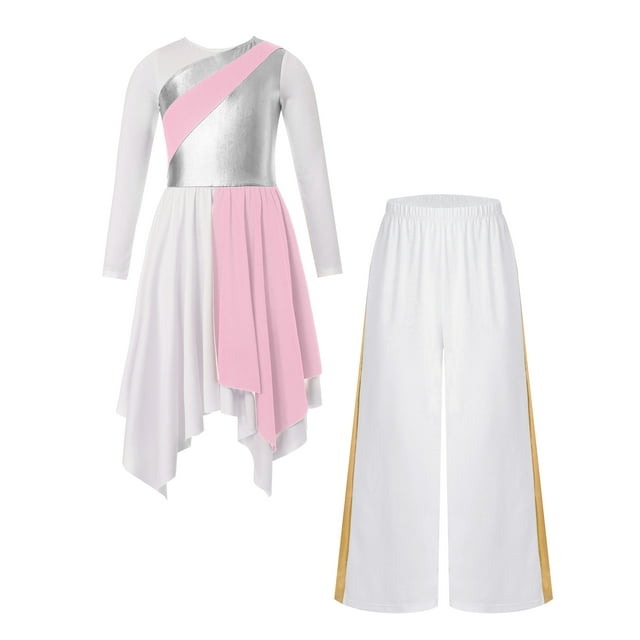 YUUMIN Robe de Danse Culte Ludique Culte pour Filles Église Chœur Patchwork Robe et Pantalon Large Ensemble Danse Rose 8