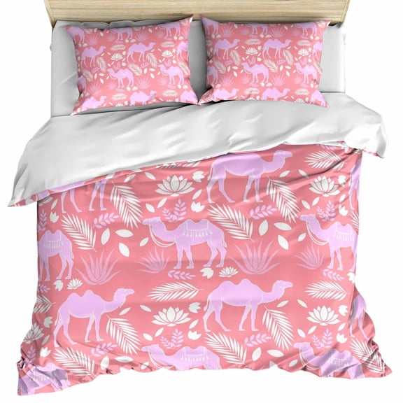 Desert Camel Bedding 3 Piece Duvet Cover Set California King, Vintage Sand Camel Leaves Flower Pattern Pink Microfiber Comforter Cover with Zipper Closure & Pillowcases, FadeResistant Quilt Cover