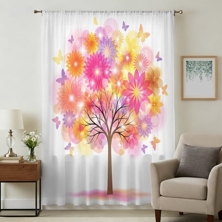 Colorful Flowers Tree Sheer Curtains 108 Extra Long Modern Abstract Art Butterflies Light Filering Curtains Privacy Drapes Simi Floor to Veiling Curtain for Living Room Bedroom Window Treatment