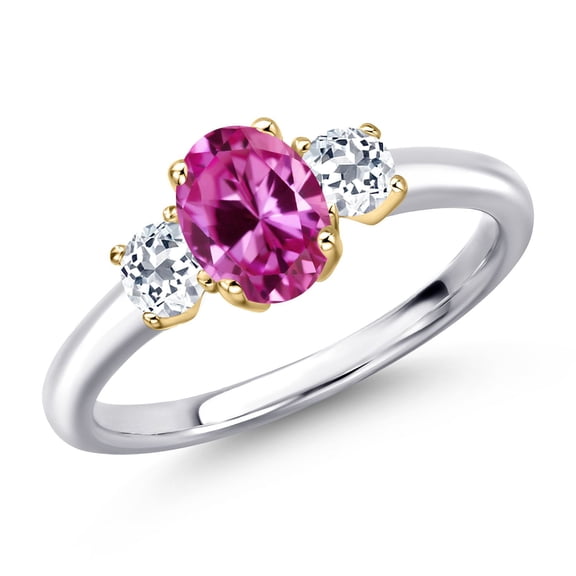 Gem Stone King 925 Silver and 10K Yellow Gold Pink Created Sapphire and White Topaz Engagement Ring for Women | 1.33 Cttw | Oval 7X5MM | Gemstone September Birthstone | Size 7
