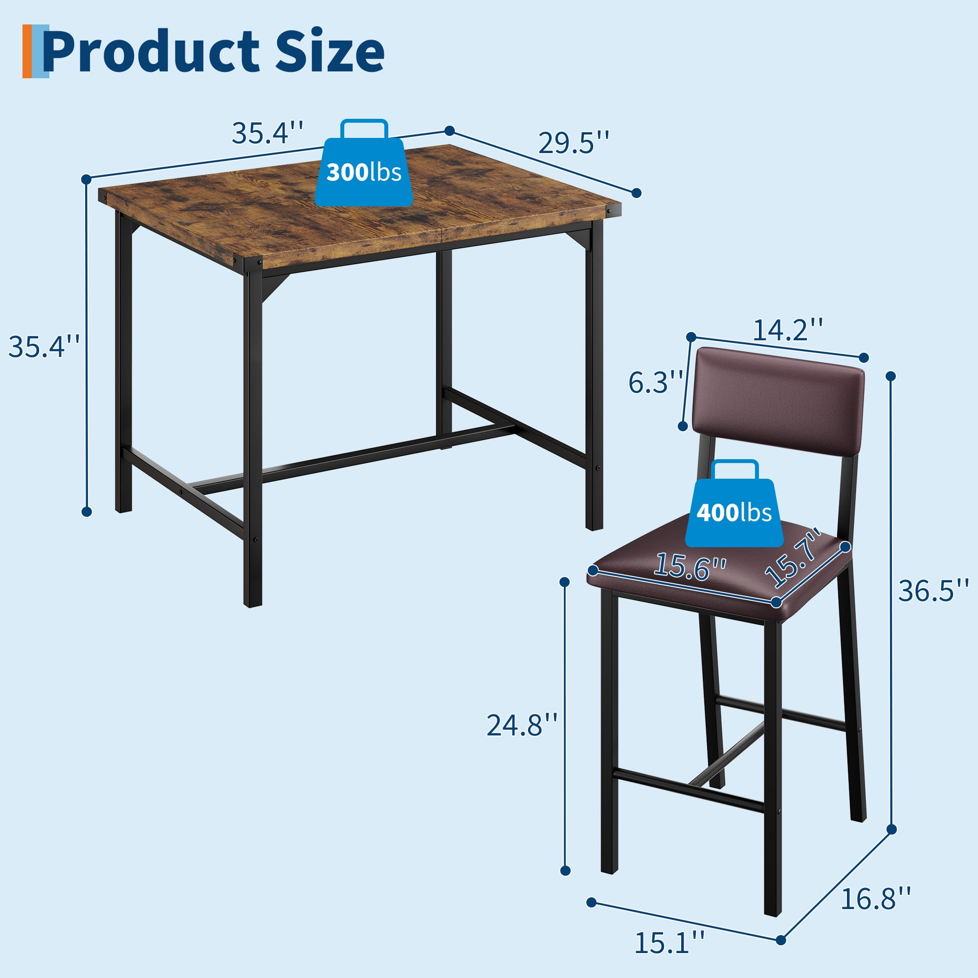 3-Piece Counter Height Dining Table Set for 2 – Includes Upholstered Bar Chairs with Backrest, Footrest, and Corner Protector – Perfect for Small Kitchens, Dining Rooms, Apartments