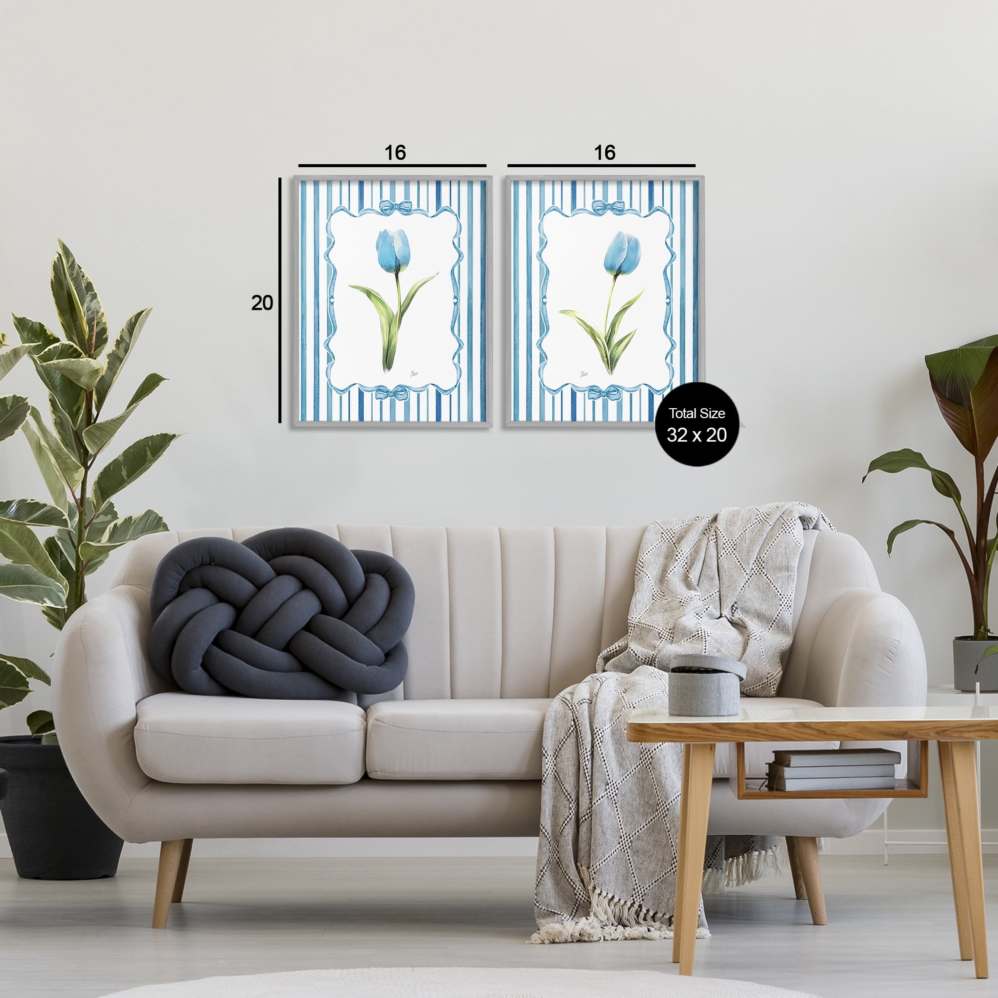 Stupell Industries Blue Tulips with Feminine Ribbon 2 Piece Gray Framed Giclee Art Set, design by Nan